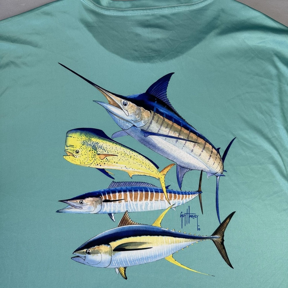 Guy Harvey Shirt Mens XL Aqua Long Sleeve Fishing Performance UPF Quick Dry Fish